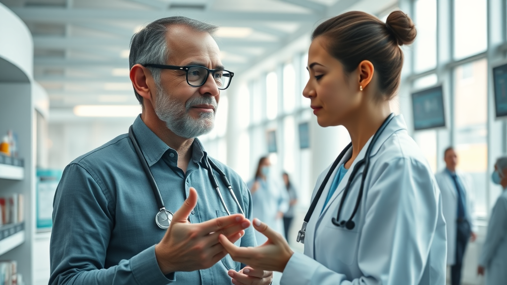 Modern healthcare patient receiving guidance in a specialty pharmacy, specialty pharmacy patient care