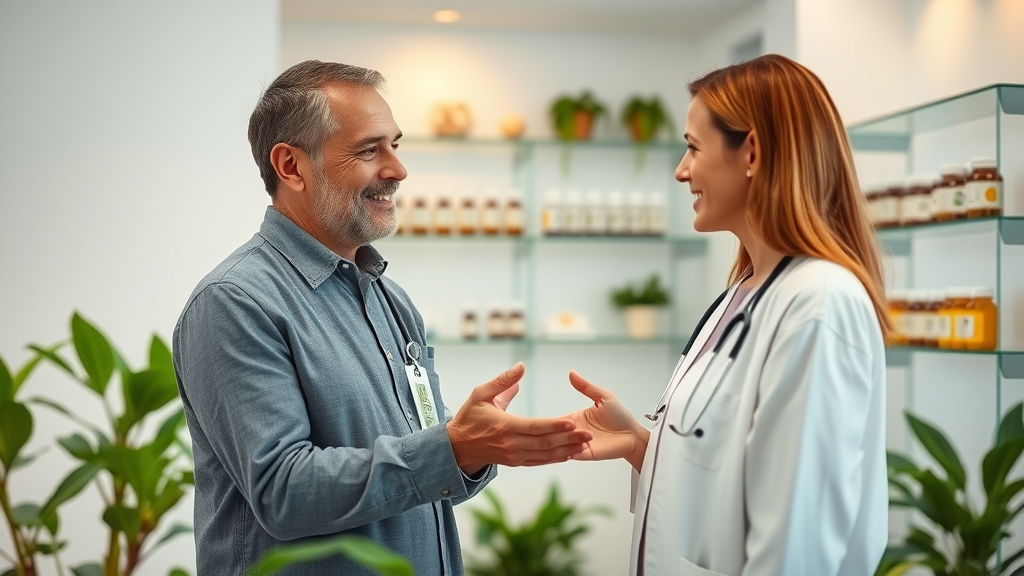 Homeopathy clinic interior with friendly practitioner and homeopathic product displays