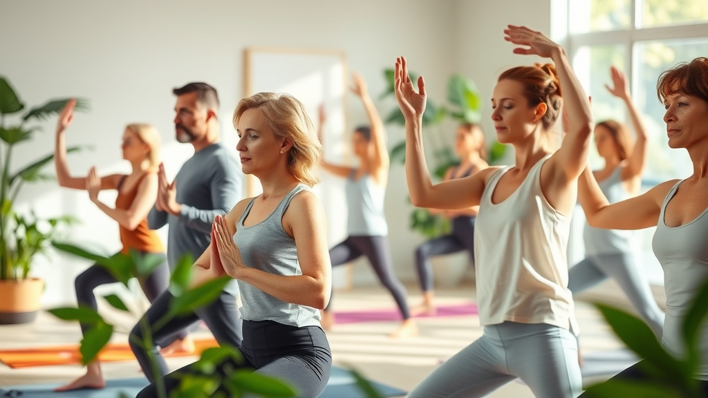 mind-body therapies practice in a serene wellness studio with diverse adults practicing yoga and tai chi, peaceful and sunlit, natural pastel tones