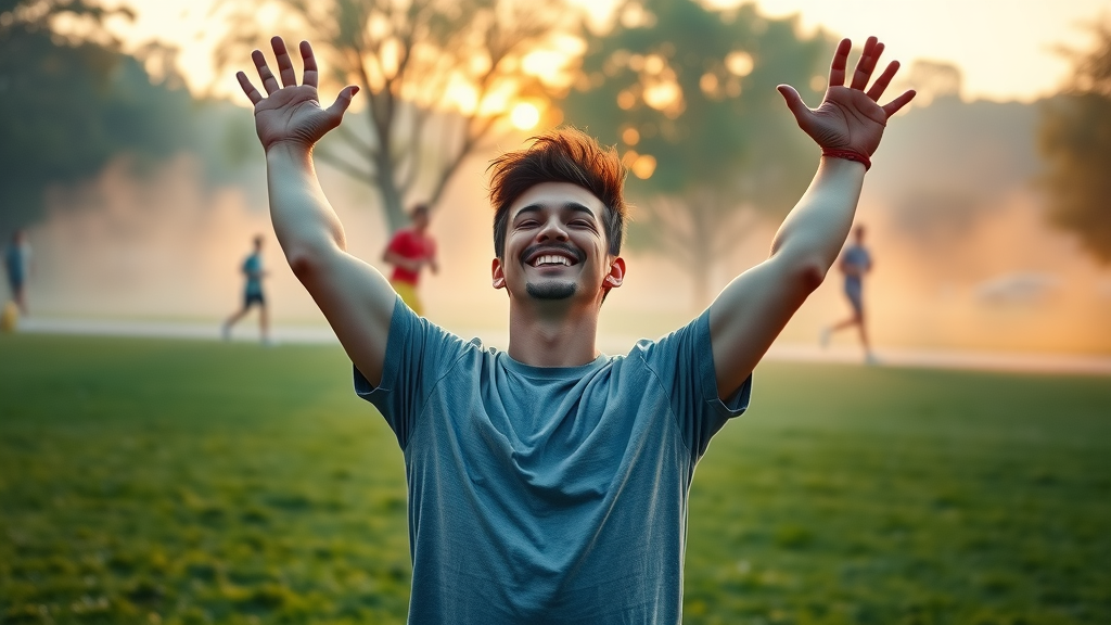 energetic man stretching, morning park, emphasizing physical activity in wellness practice