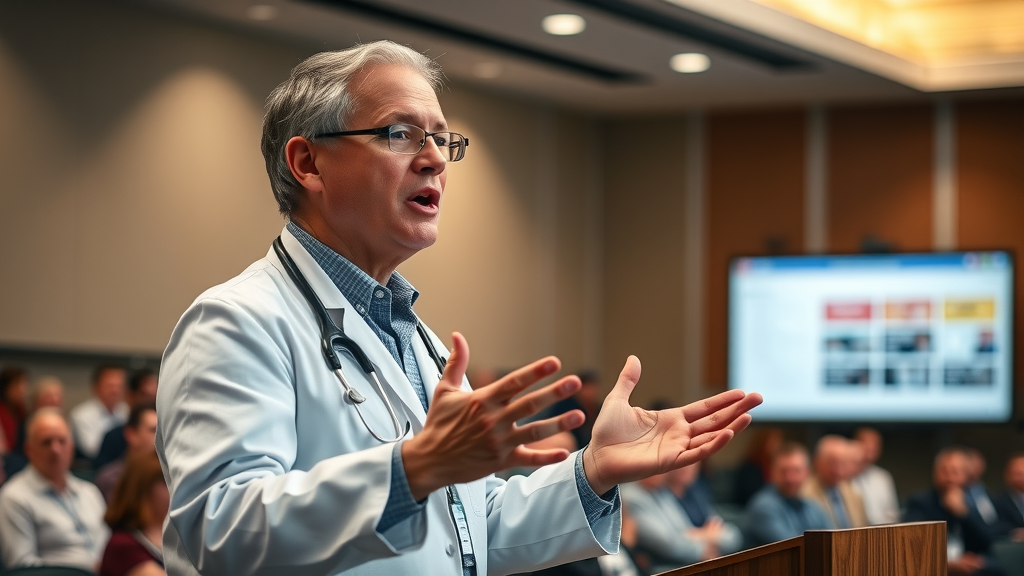 Physician presenting osteopathic manipulative treatment benefits at a healthcare conference.