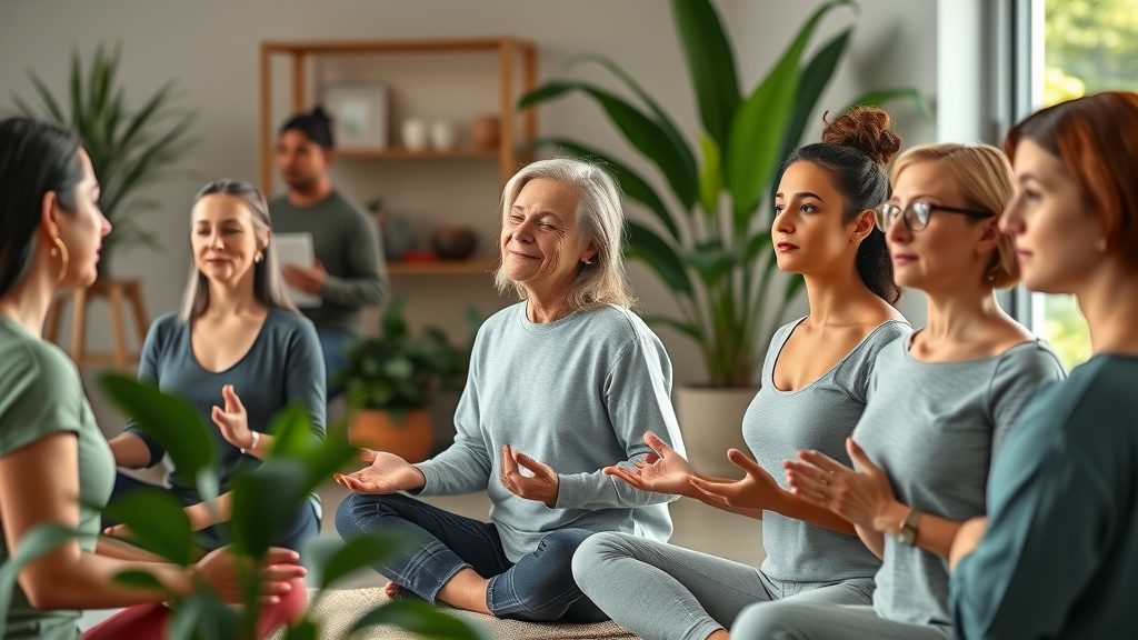 mind-body therapies guided meditation session led by health coach, wellness center with soothing decor
