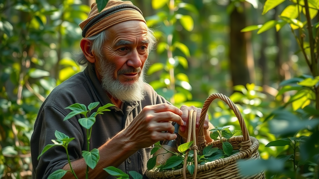 Indigenous herbalist carefully examining plants in a lush forest—foraging native medicine in alternative health