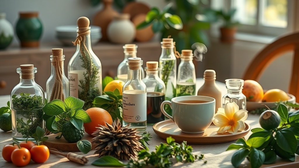 Assortment of botanical medicine, fresh herbs, glass bottles, and teacup in a sunlit home environment