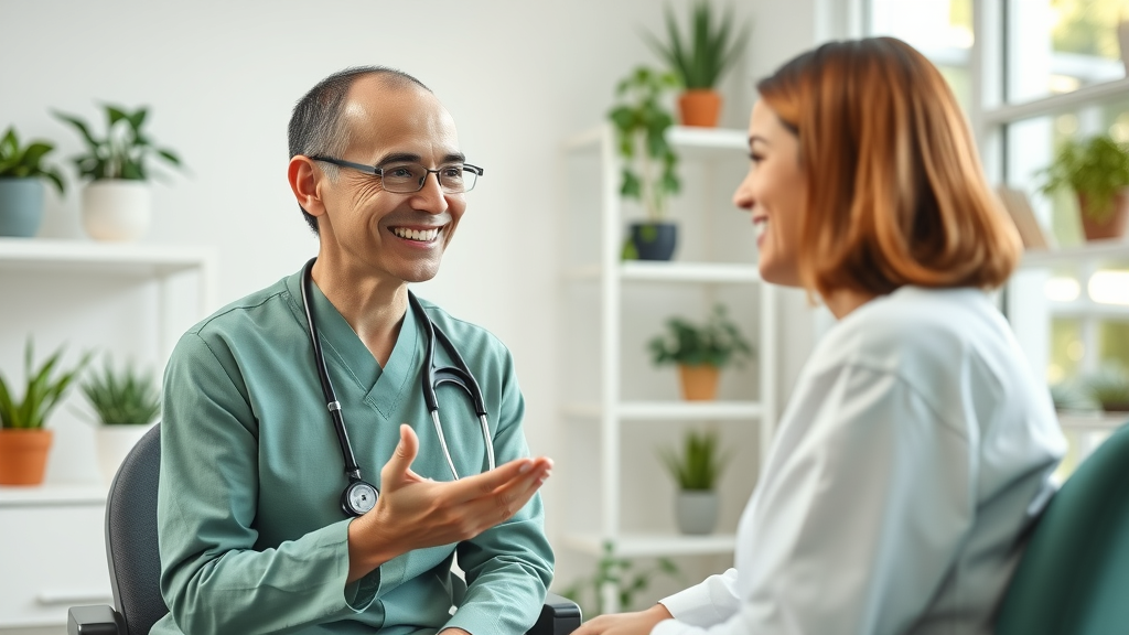 Healthcare provider consulting patient on homeopathic options in bright room