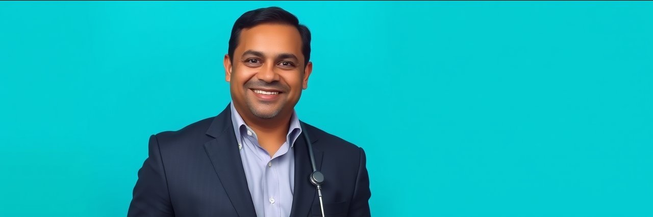 Osteopathic family medicine physician portrait with teal clinic background