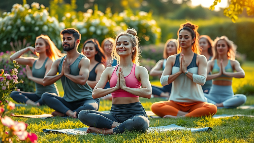 happy multicultural wellness group practicing yoga and meditation outdoors, wellness activities