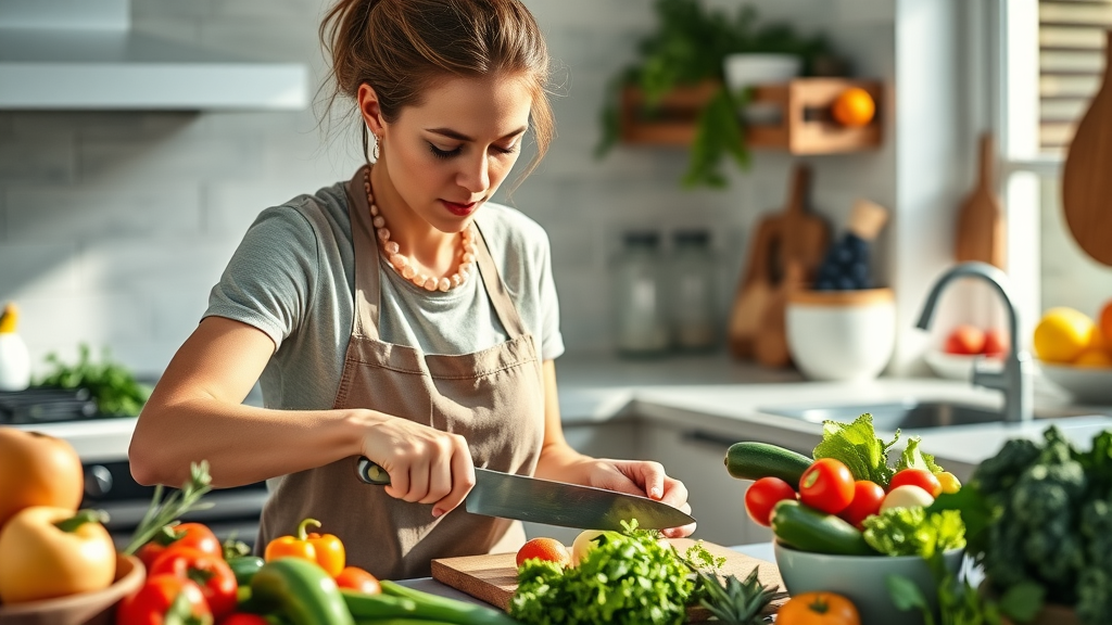 Naturopath arranging colorful fruits and vegetables in a modern kitchen, showing nutritious eating for health