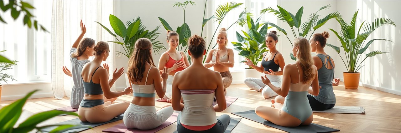 Diverse group meditating in a serene studio, embracing a holistic approach