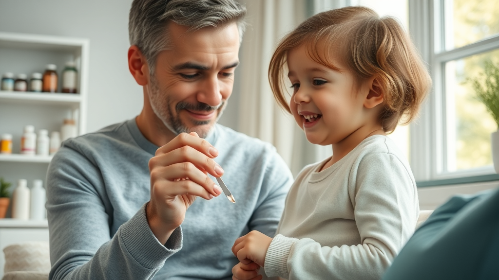 Parent giving homeopathic remedy to child in cozy home setting