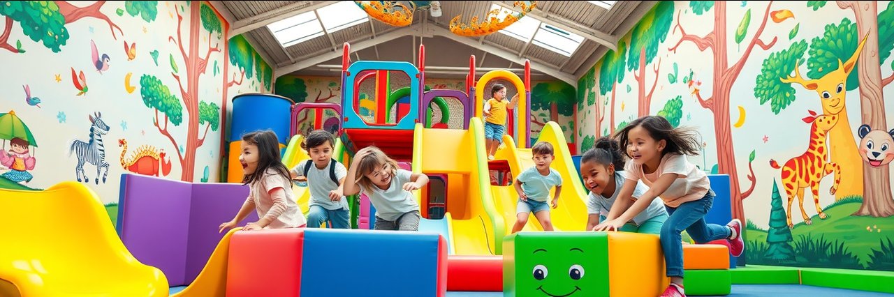Vibrant indoor playground kid clubhouse with children playing, bright slides and murals.