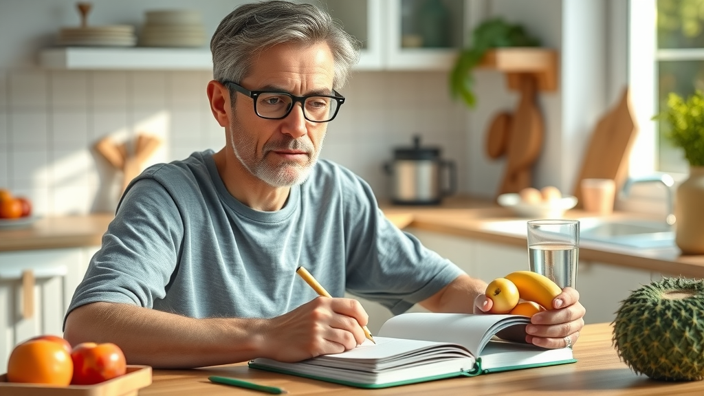 motivated adult patient journaling about functional medicine health journey at kitchen table