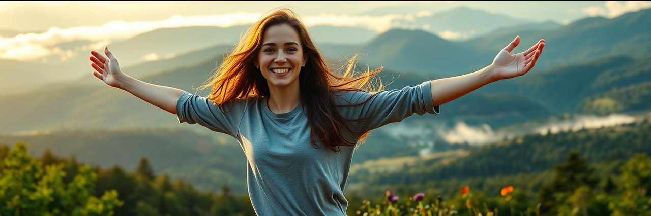 Embrace a fresh perspective on health and wellness with a woman enjoying sunrise atop a scenic mountain.