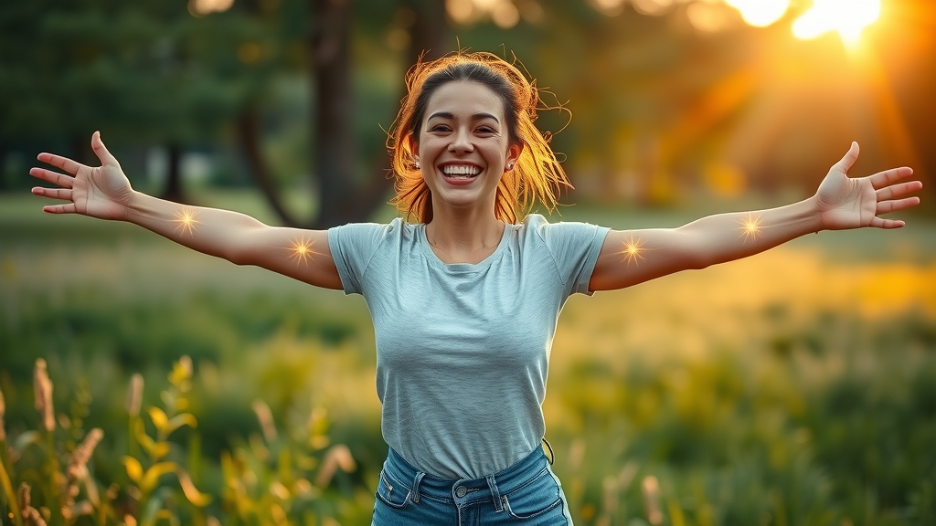 Joyful healthy woman shows vitality after acupuncture benefits with glowing meridian lines in nature