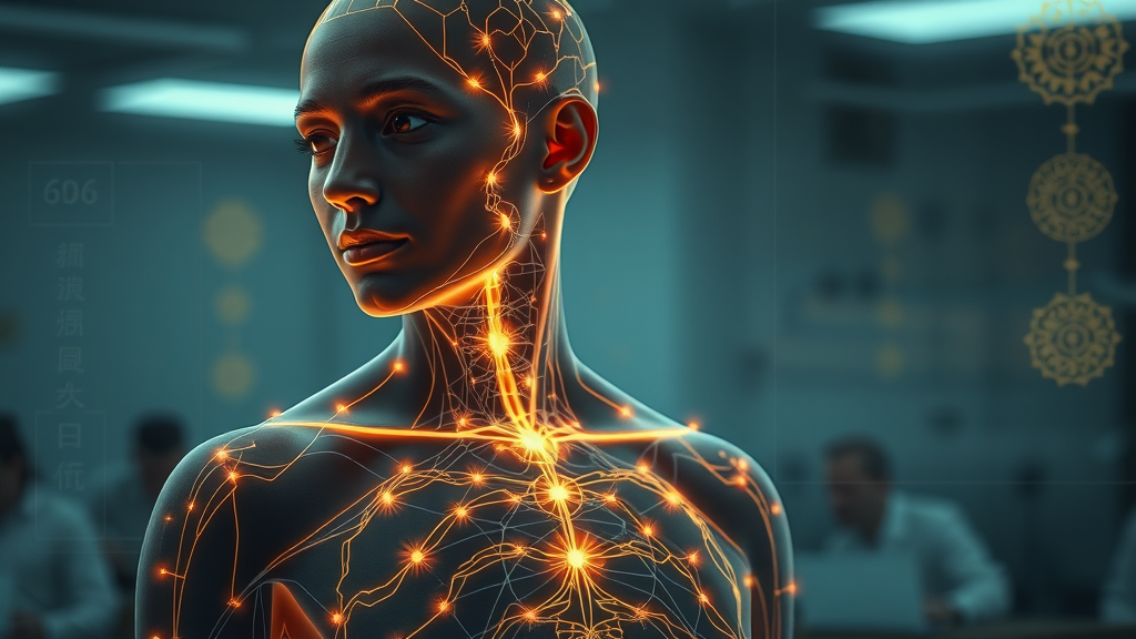 Conceptual illustration of human body meridians and acupuncture points showing physiological pathways