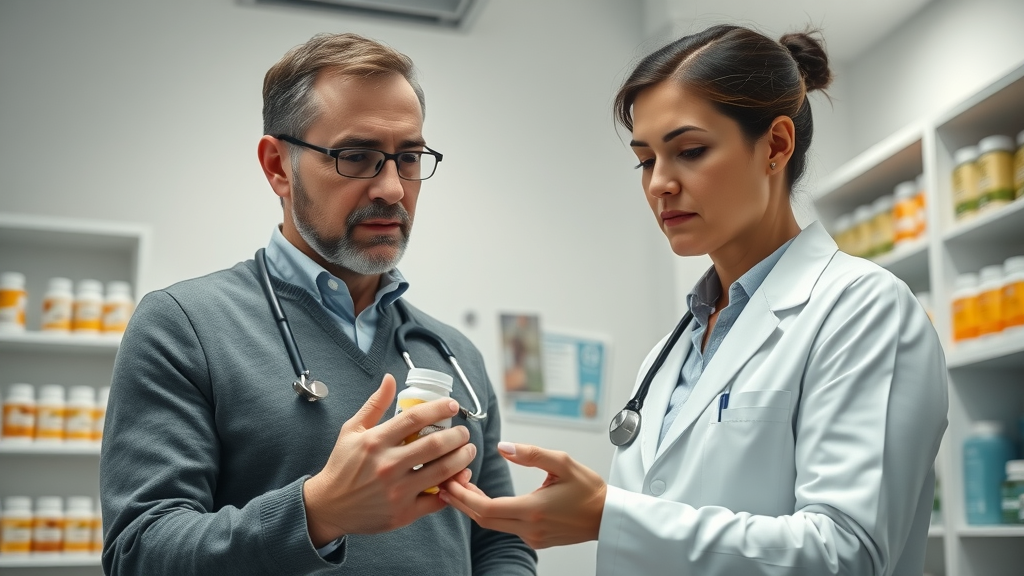 cautious medical consultation: pharmacist/health expert reviews natural remedy supplements with client. Main Keyword: natural remedies
