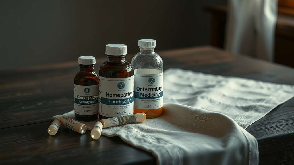 Three medicine bottles symbolizing homeopathy, alternative, and conventional approaches