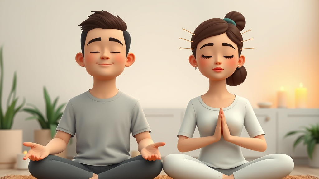 Calm man and woman enjoying acupuncture benefits with ear needles in minimalist wellness studio