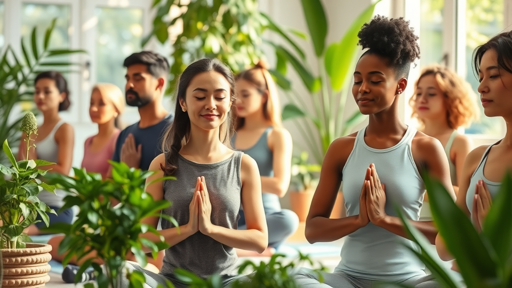 Diverse people practicing alternative health activities like yoga, meditation, and herbal preparation in a wellness studio, sunlight and nature colors