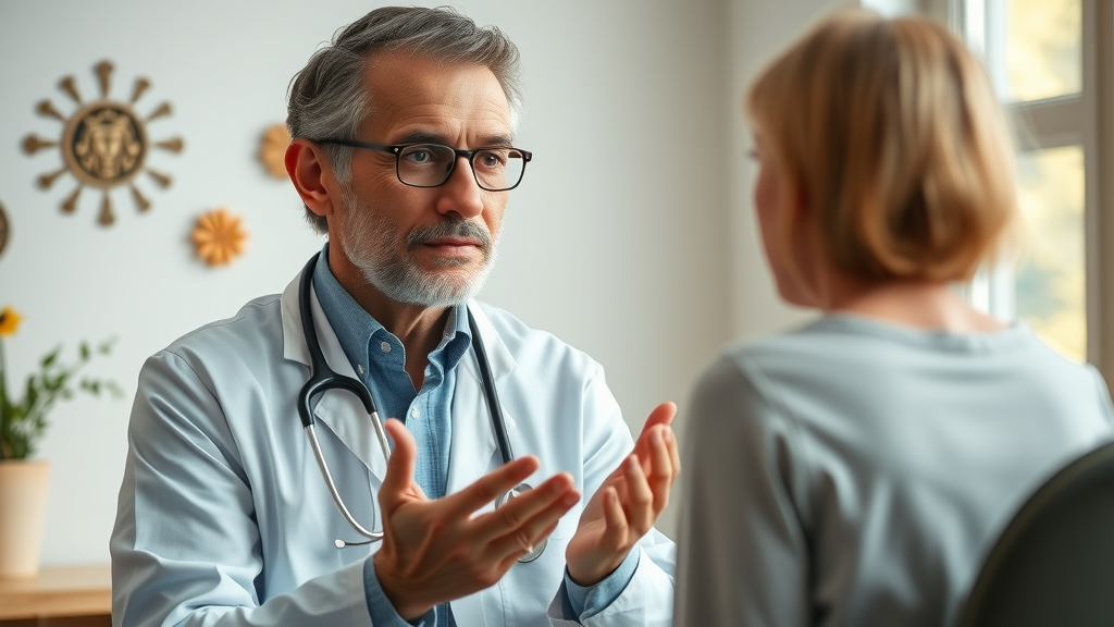 thoughtful holistic doctor explaining holistic medicine approach in tranquil consultation room