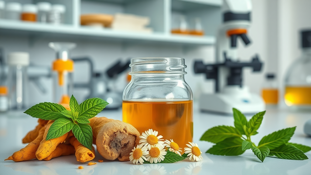 scientific close-up of natural remedy ingredients (turmeric roots, chamomile flowers, honey jar, peppermint leaves) displayed on a laboratory counter. Main Keyword: natural remedies