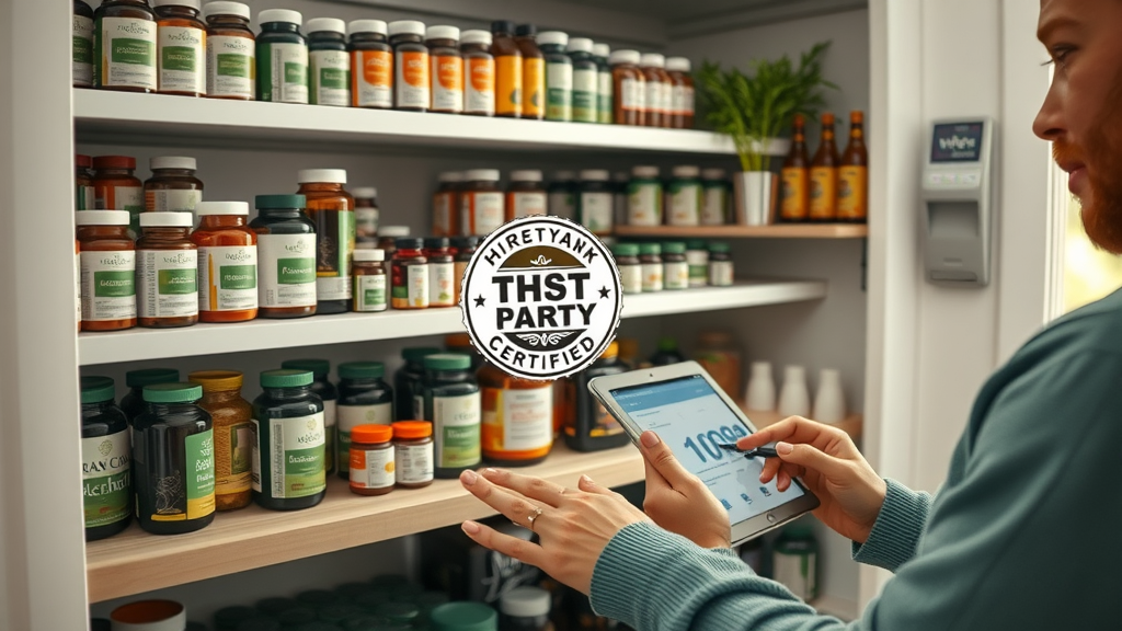 organized supplement shelf with third-party certified logos visible, reassuring vibe, owner checking expiration dates, home pantry with glass jars and supplement containers