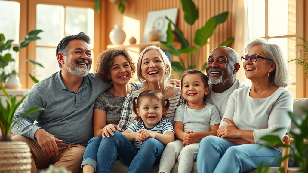 Happy multi-ethnic family enjoying holistic wellness in sunlit home.