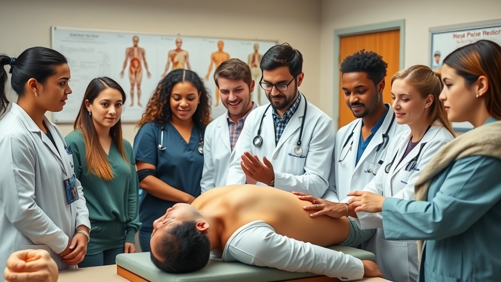 Medical students practicing osteopathic manipulative treatment with a skilled physician.
