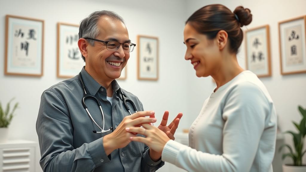 Professional acupuncturist consulting with a client, illustrating safe and effective acupuncture benefits