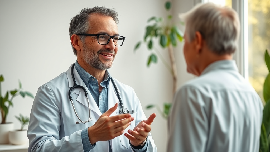Naturopathic physician consulting with a patient in a sunlit clinic, surrounded by plants and medical charts