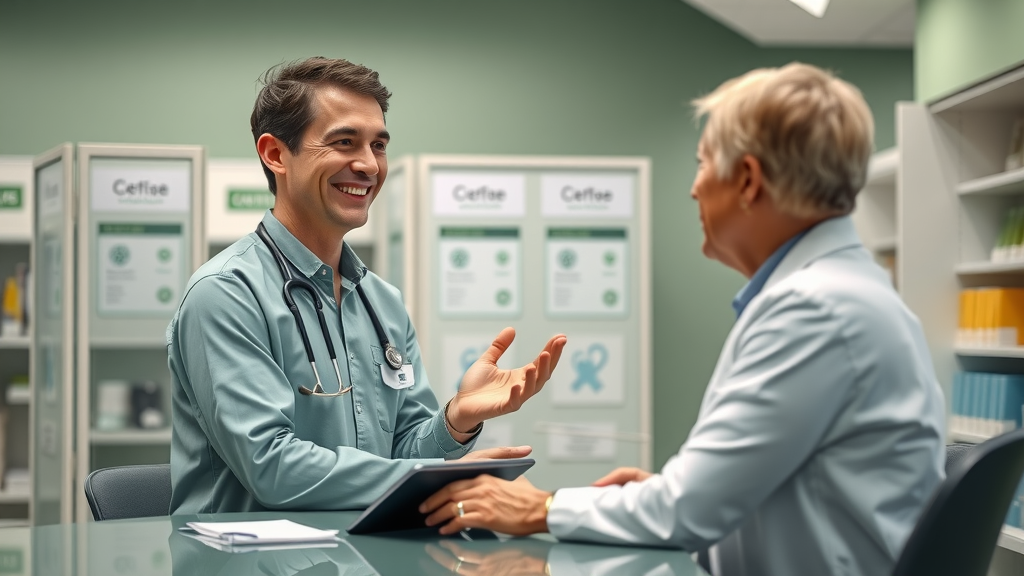 Pharmacist providing personalized care in specialty pharmacy, patient consultation for complex conditions