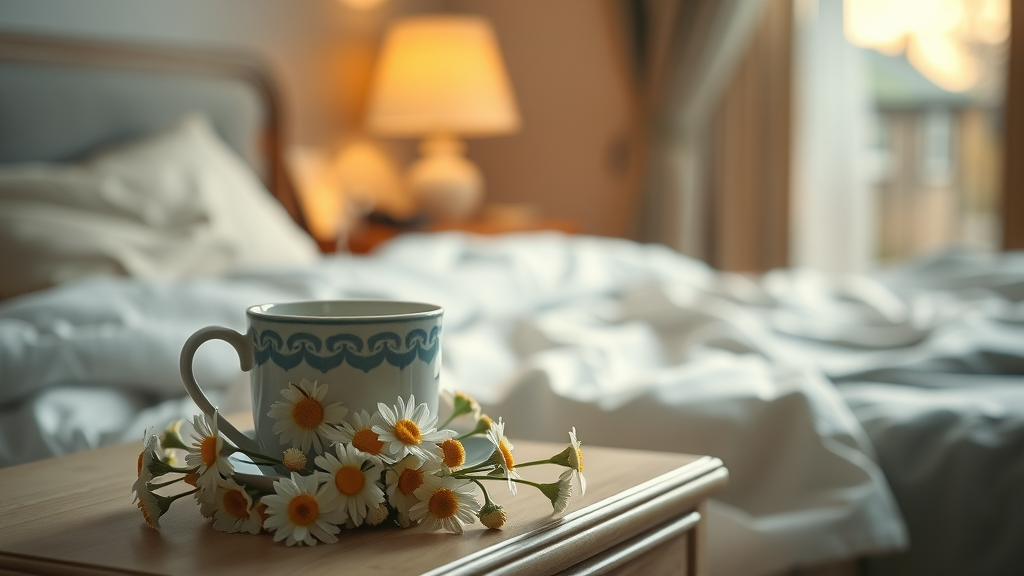 peaceful bedroom setting with a cup of chamomile tea and fresh chamomile flowers. Main Keyword: natural remedies, sleep remedy