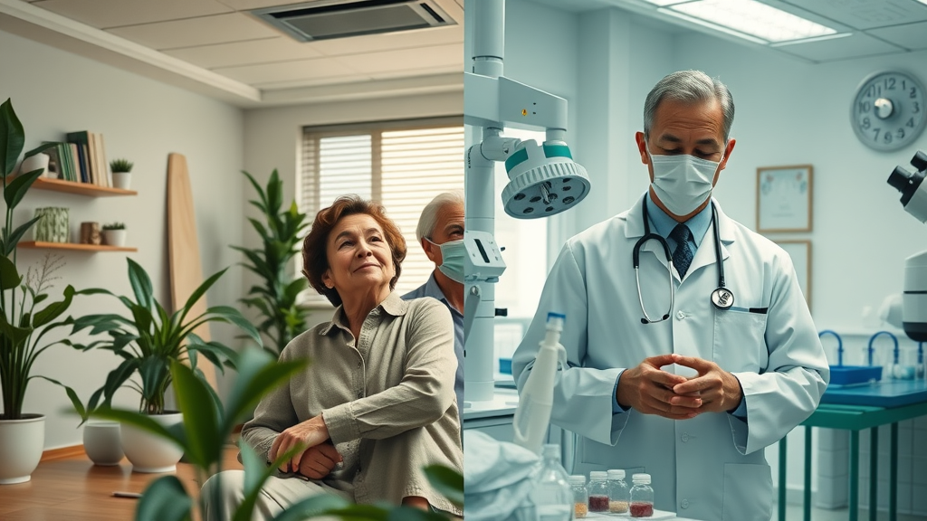 Side-by-side comparison of naturopathic therapies and conventional medicine environments, highlighting differences