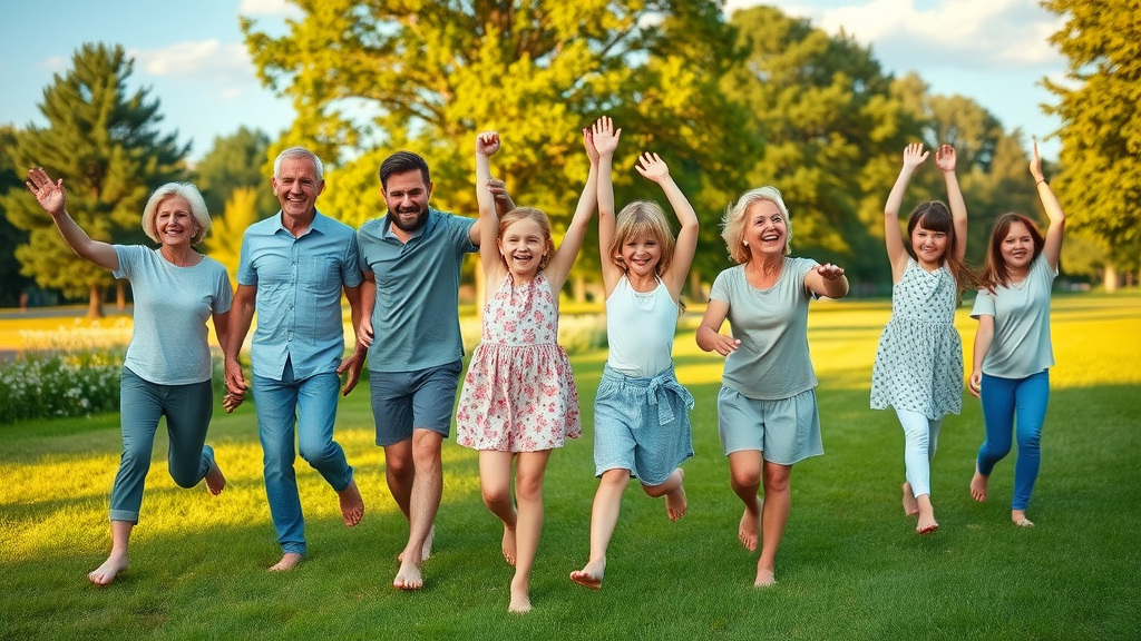 Happy family practicing alternative health outdoors—wellness, stretching, barefoot in natural park setting