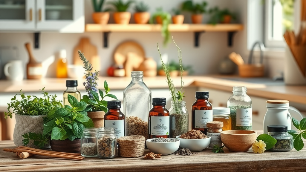 inviting display of assorted medicinal herbs and natural remedies, serene and informative, arranged neatly on a rustic wooden table with gentle morning sunlight and kitchen plants. Main Keyword: natural remedies