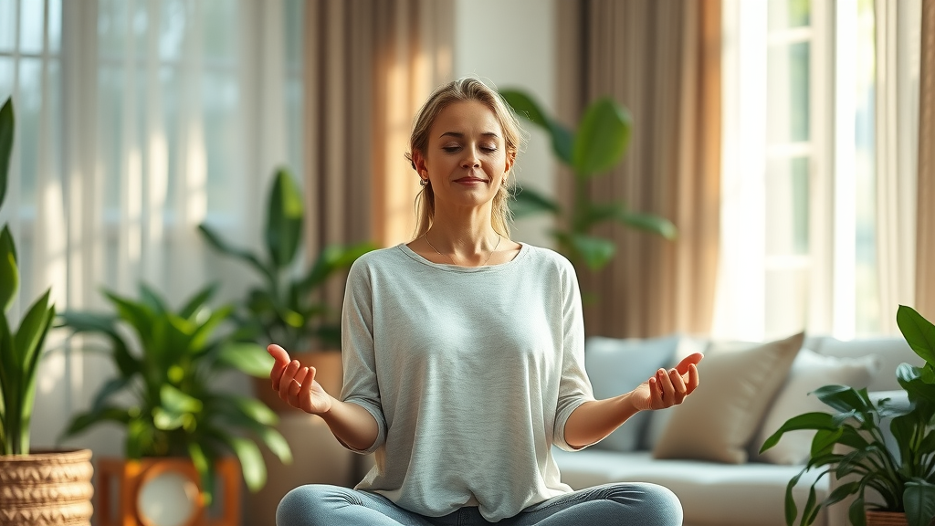 Serene woman practicing holistic approach meditation in peaceful home.