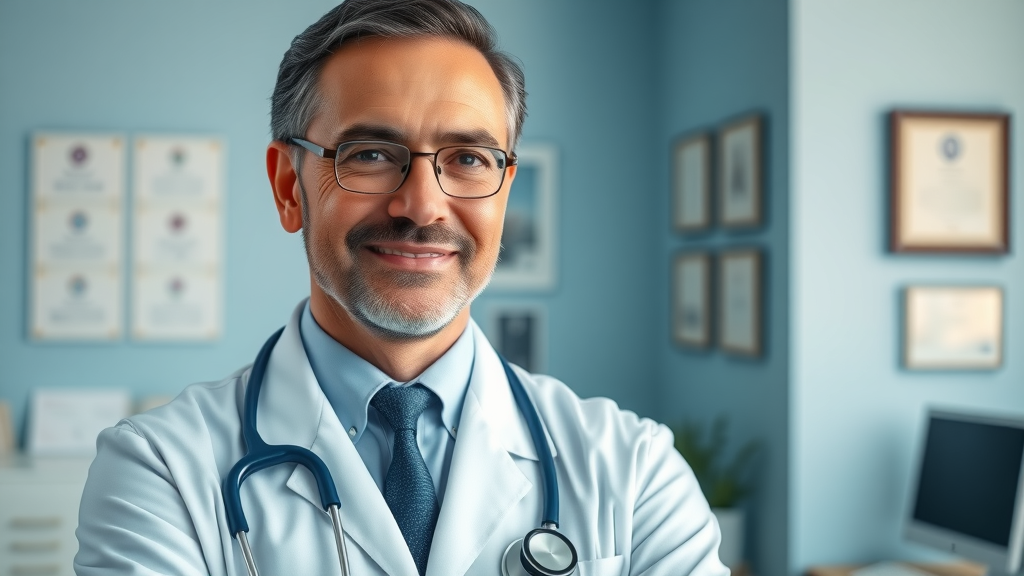 functional medicine doctor in white coat and stethoscope in modern medical office