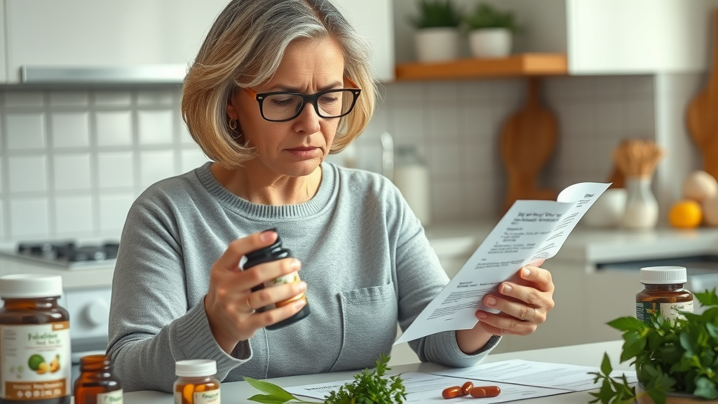 thoughtful middle-aged woman reading herbal supplement bottle label, concerned expression, examining packaging closely, clean kitchen counter with various supplement bottles and leafy herbs