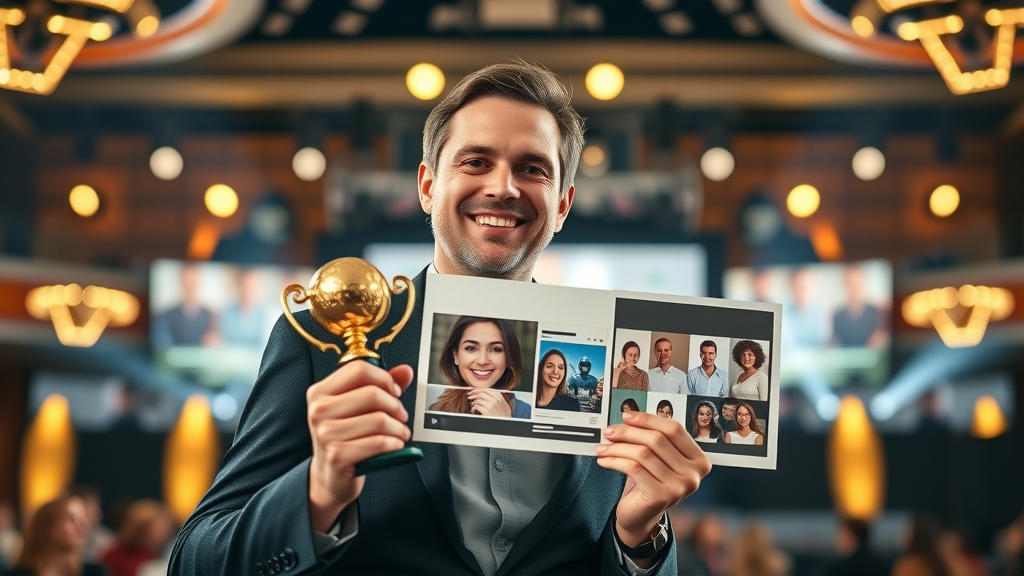 award-winning content marketer celebrating campaign success at a prestigious event with golden hues