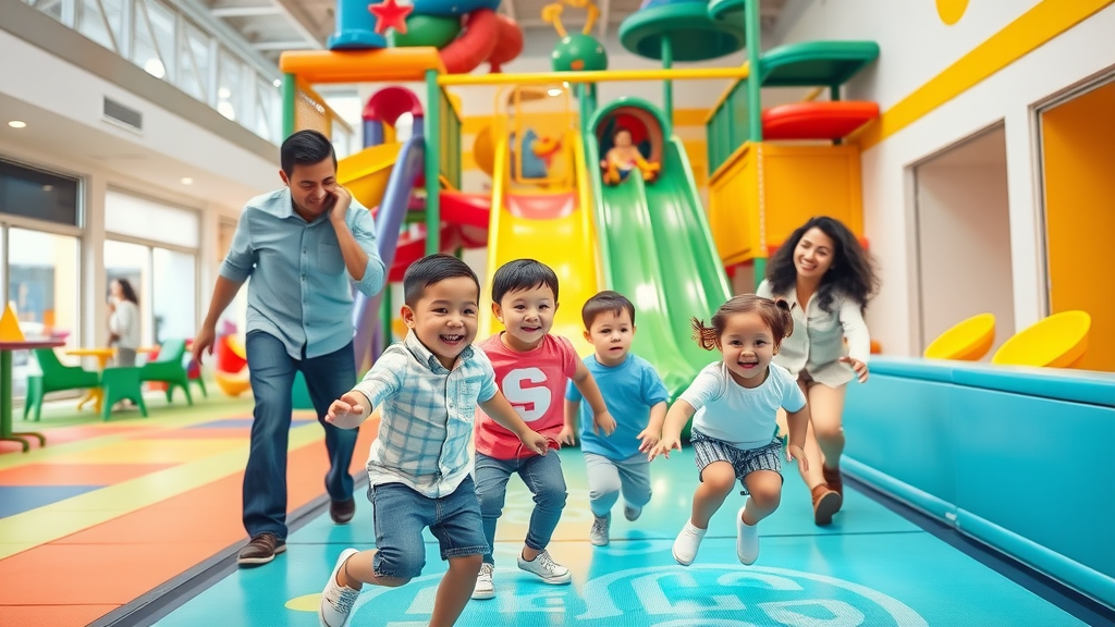 Indoor playground kid clubhouse with happy children and parents playing together