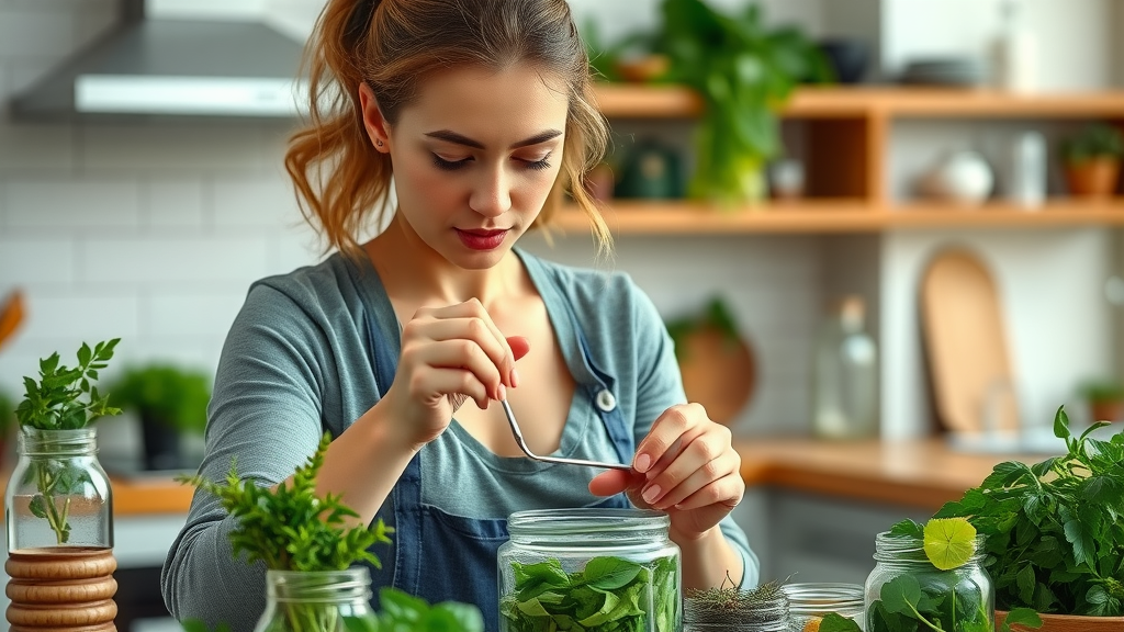 Energetic woman in a kitchen preparing herbal supplements for alternative health with fresh herbs and glass jars