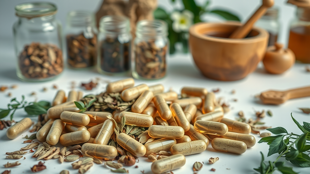 variety of herbal supplement capsules and dried plant leaves, informative appearance, white laboratory table with glass jars, mortar and pestle