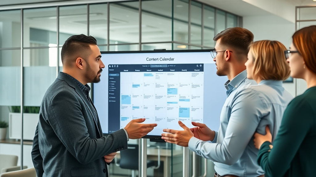 content planning marketing team analyzing a digital content calendar in a modern office environment