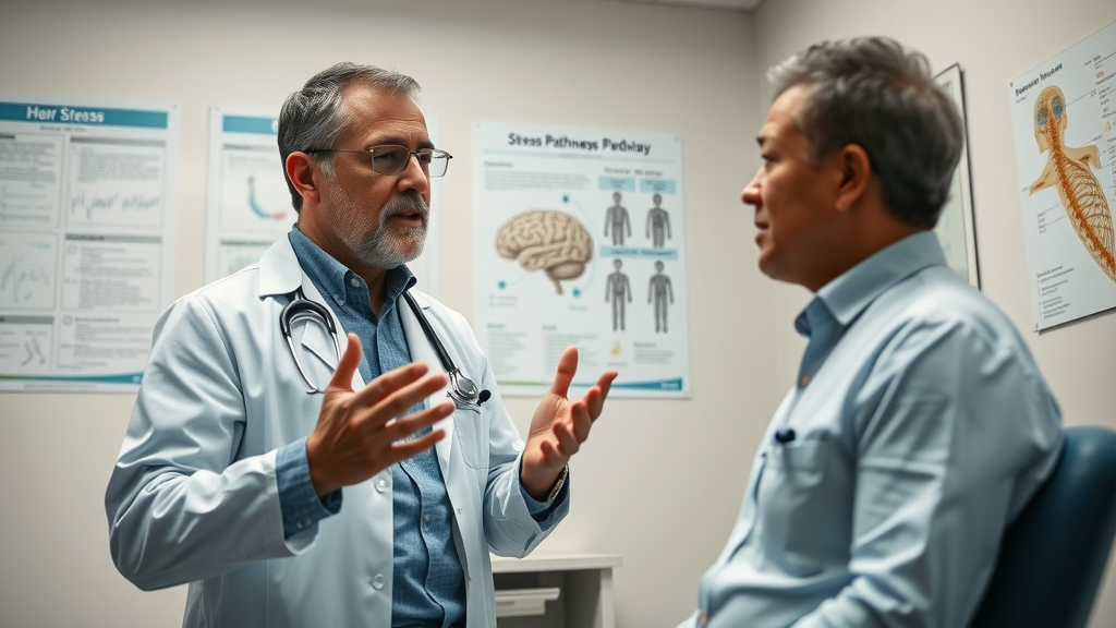 body therapies in healthcare, professional explaining mind-body pathways with brain and body diagram to patient