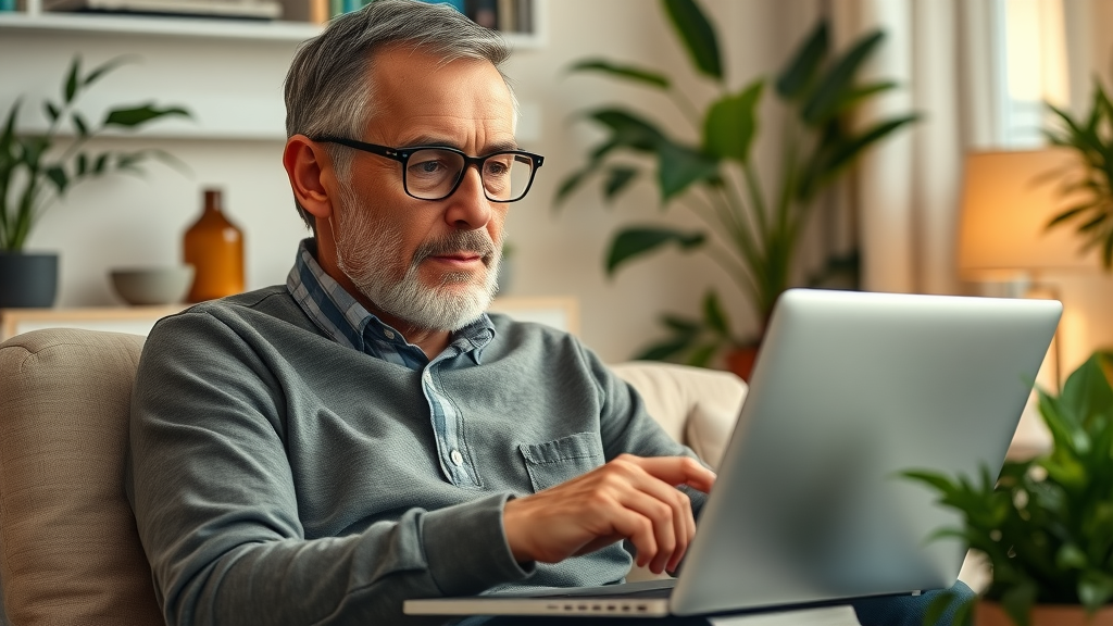 Thoughtful man researching alternative health strategies on laptop in a plant-filled home office