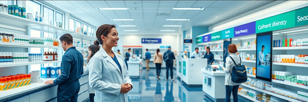Modern specialty pharmacy with friendly pharmacist assisting a customer