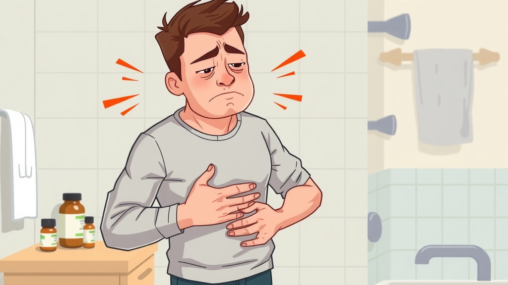 frustrated adult male holding stomach, distressed, reacting to supplement side effects, minimalistic bathroom with supplement bottles on counter