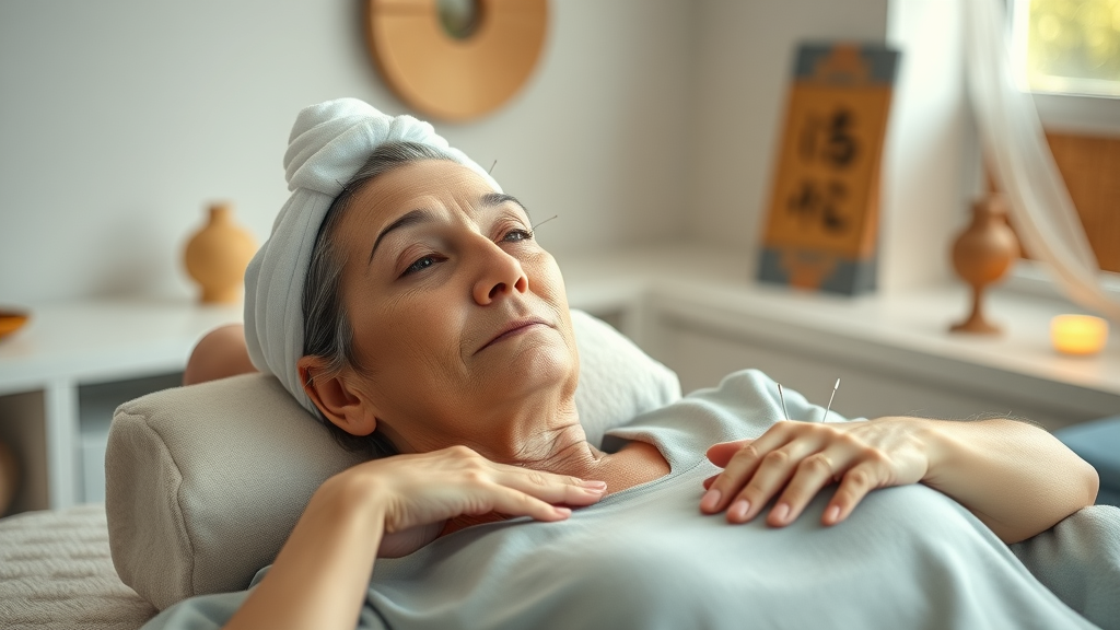 Relaxed middle-aged woman experiencing acupuncture benefits with fine needles on forehead and wrists in tranquil treatment room