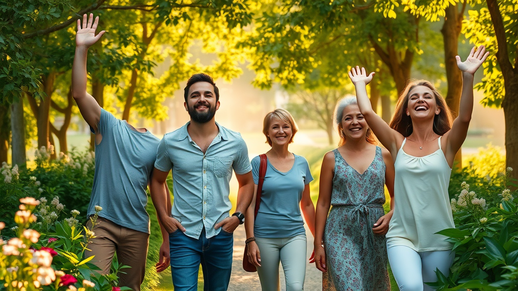 Diverse adults embrace a fresh perspective on health and wellness outdoors