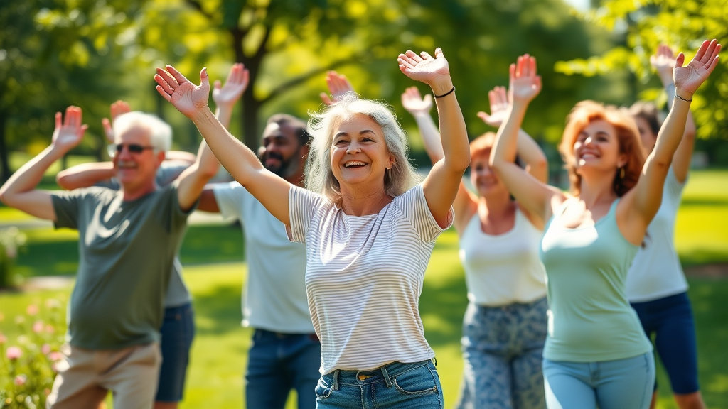 diverse adults engaged in wellness practices, stretching and smiling in a sunlit park, wellness activities